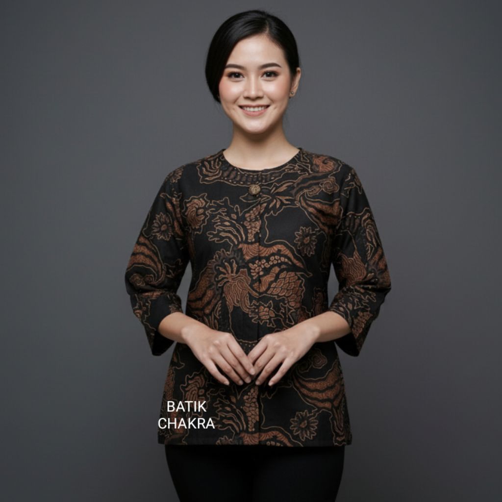 Blus batik wanita modern HITAM COKLAT bahan katun lapis full trikot