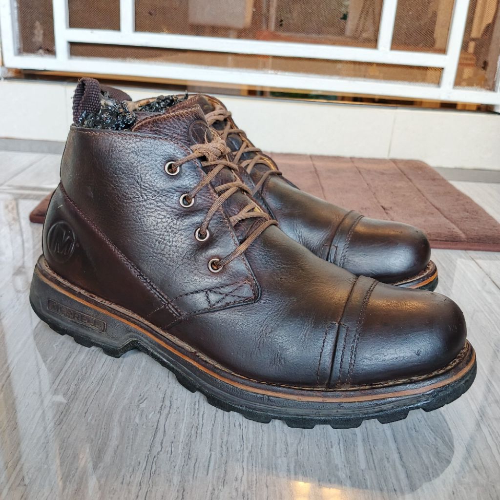 MERRELL Rugged USA Westward Mid Ankle Work Boots Motor Biker VIBRAM Sole Crazy Horse Dark Brown Leat