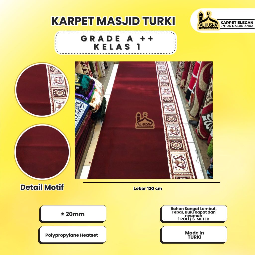 Alhusna Karpet Masjid - Jual Karpet Mesjid Empuk Turki Super Tebriz Tebal 20 mm / Sejadah Masjid Rol