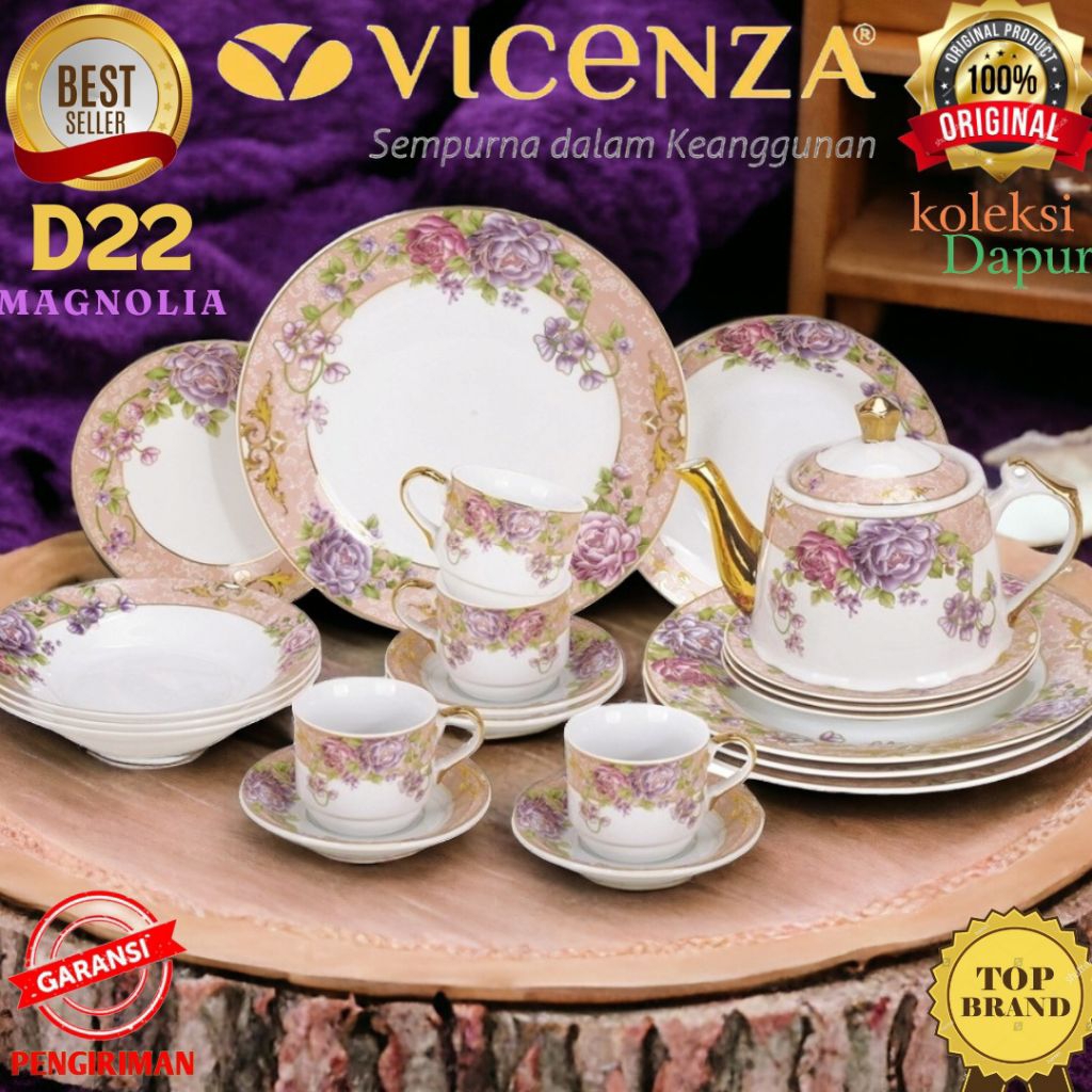 perlengkapan makan Vicenza D22, set 22 pcs perangkat makan Magnolia lengkap terbuat dari porselen da