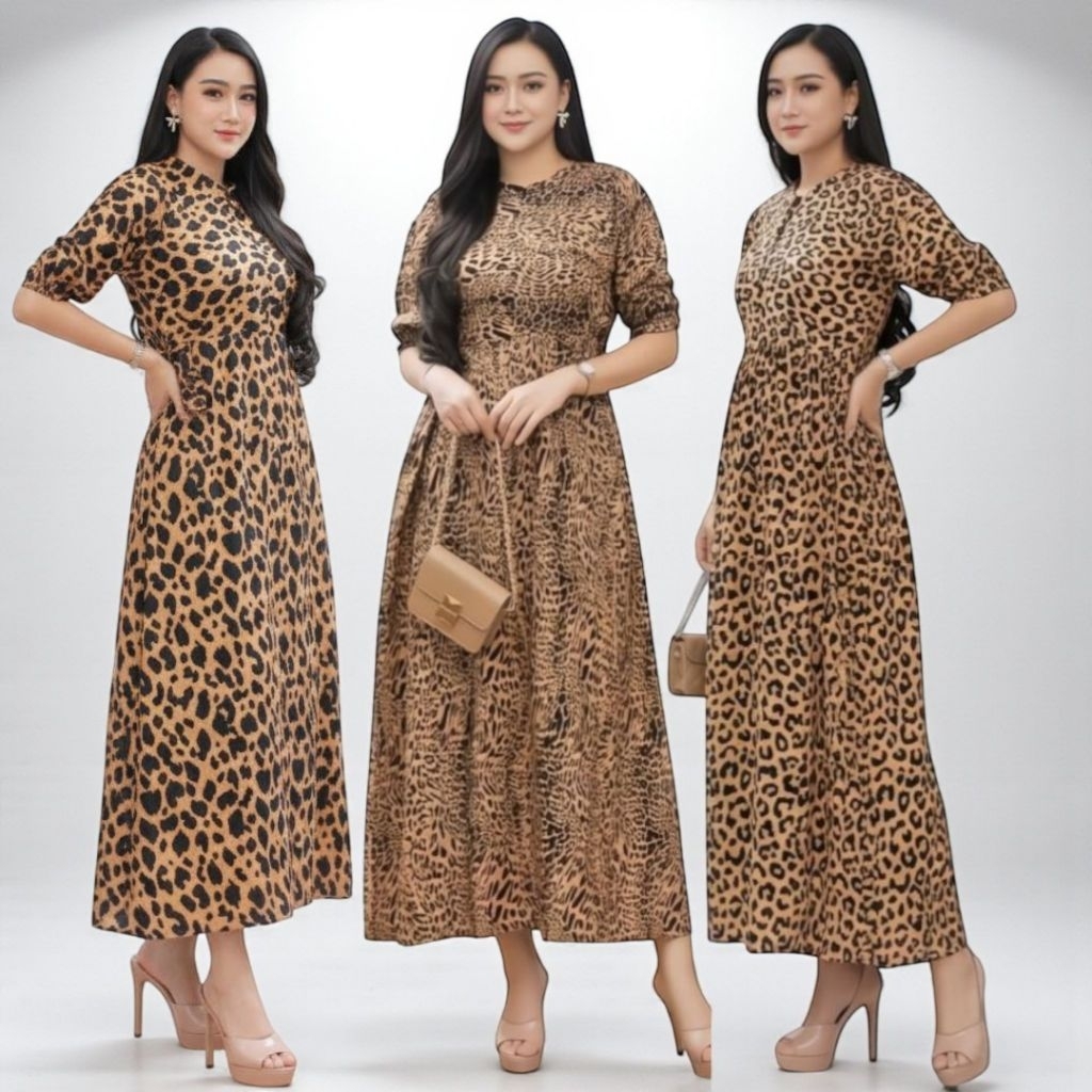 Leopard Daster Kekinian Terbaru Rayon Dress Korean Style Jumbo Lengan Pendek Baju Wanita LD 115 cm