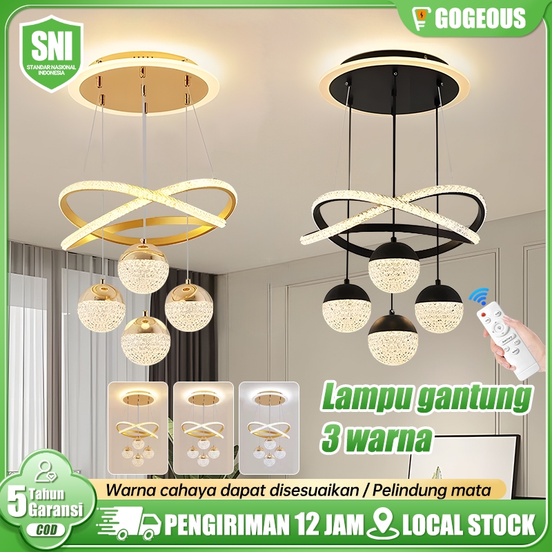 GOGEOUS Lampu Gantung Minimalis Kristal 3 Warna Lampu Gantung Mewah Ruang Tamu Kamar Tidur Lampu Hia