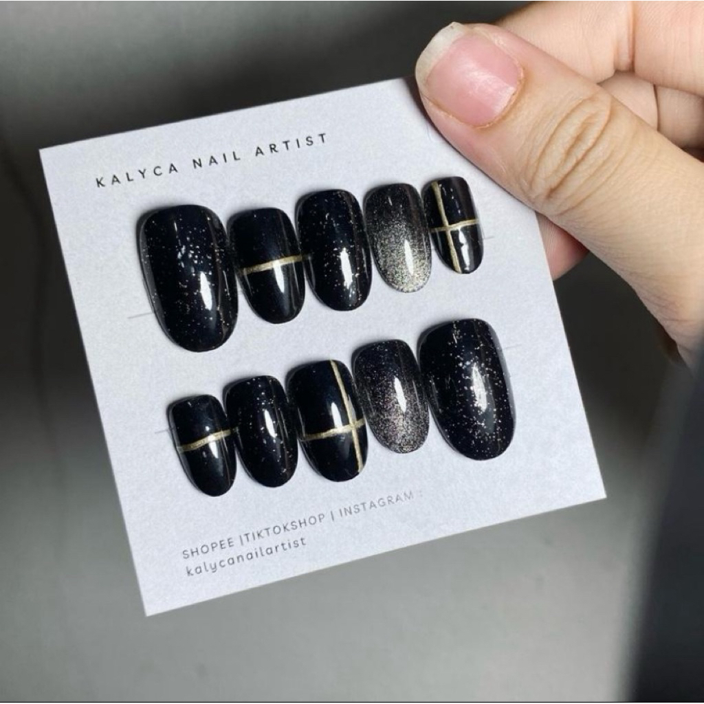 All Black Fancy Nails | Fake Nails | Kuku Palsu | Press On Nails