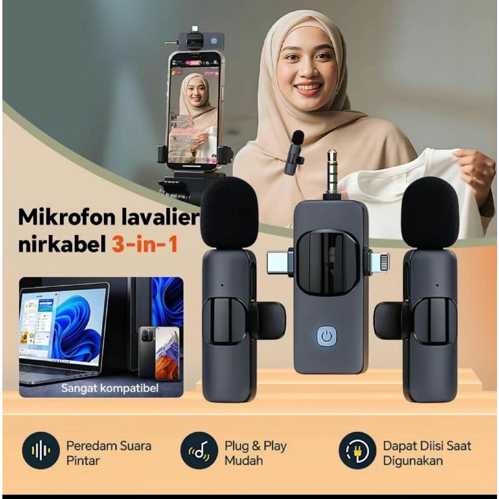 Mikrofon Bluetooth 3IN 1 Mic Wireless Clip On 2 Microphone Wireless Clip On Noise Reduction Mikrofon