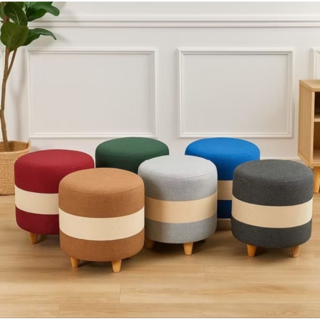 Sofa Stool Bulat Kaki Kayu / Stool Kombinasi / Stool aesthetic