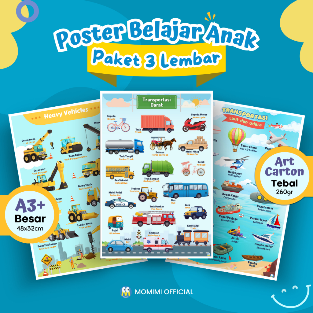 [ Paket 3 Lembar ] Poster Edukasi Alat Transportasi Kendaraan untuk Belajar Anak Toddler Balita