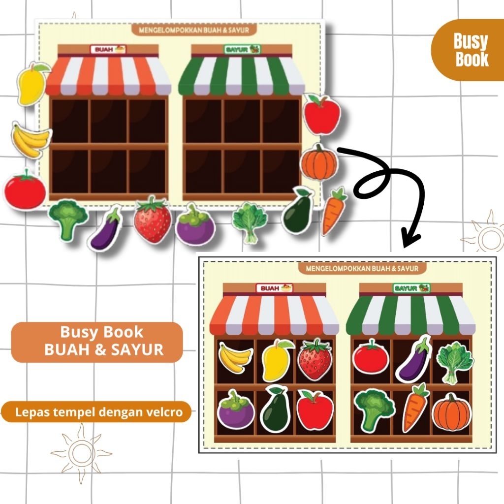 Buku belajar buah dan sayur, busy book buah sayur, buku anak