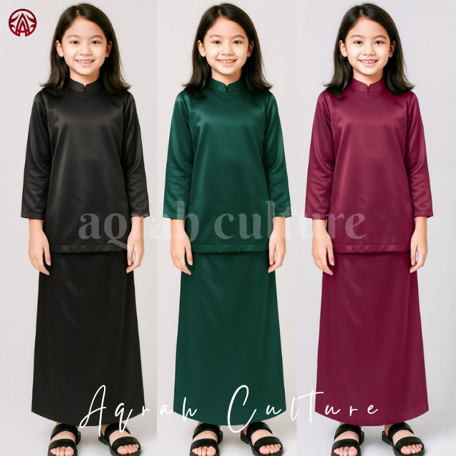 Alena Setelan Baju Kurung Anak Perempuan Satin One Set Tunik Pakaian Muslim Melayu Modern Hijau Boto