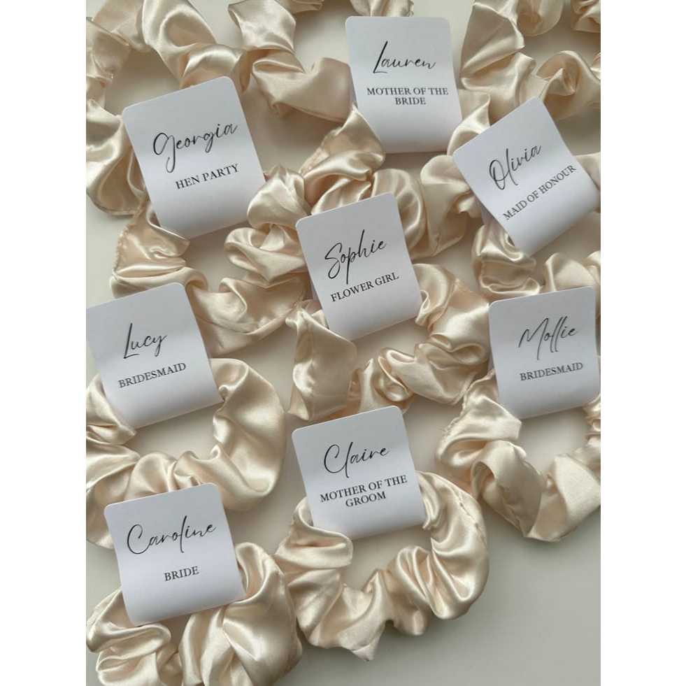 SOUVENIR BRIDESMAID PERNIKAHAN SCRUNCHIE SATIN SILK PREMIUM + TAG | Wedding Ulang Tahun Ikat Rambut