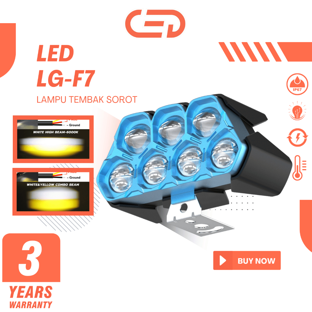 Lampu Tembak Motor Universal CED 7 Mata LED Super Terang 30W | 8-80V Putih-Kuning | Bracket Bentuk L