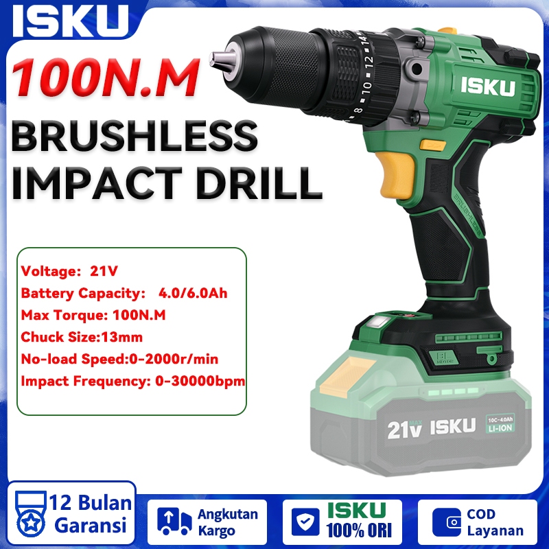 ISKU Motor Tanpa Sikat Bor Listrik 21V Bor Impact baterai Cordless Untuk Besi Tembok Beton Kayu Mesi