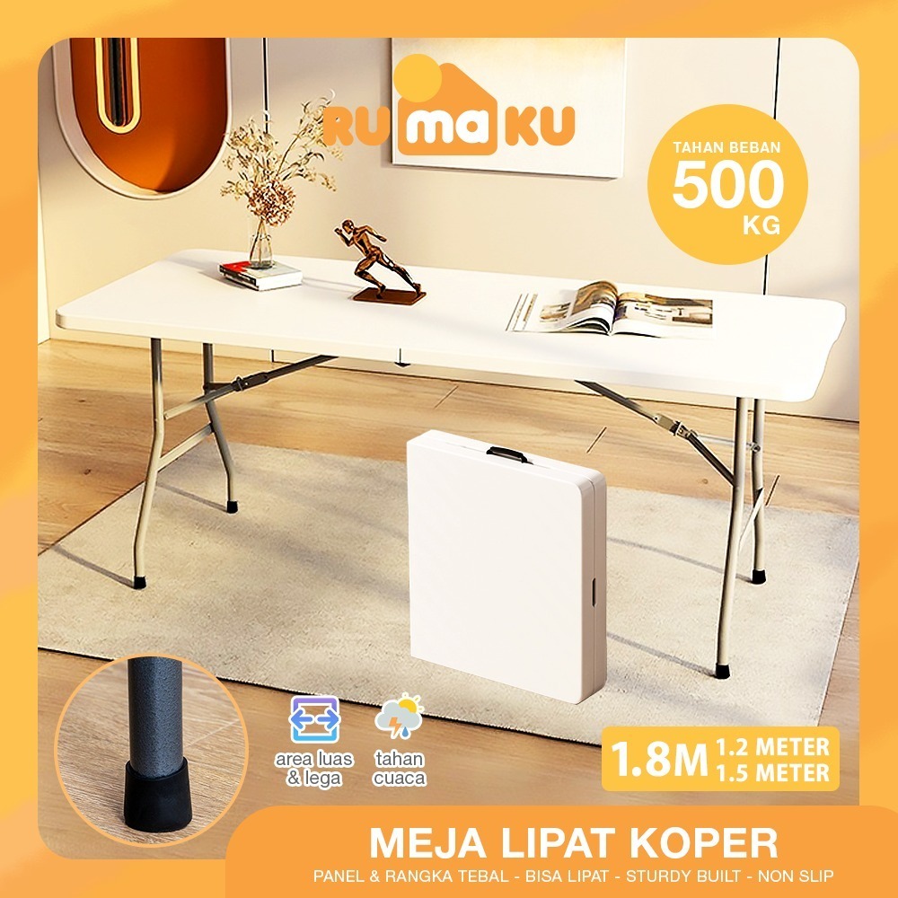 Rumaku Meja Lipat Dagang Bentuk Koper Plastik Tebal Kaki Besi Anti Karat Portable Serbaguna