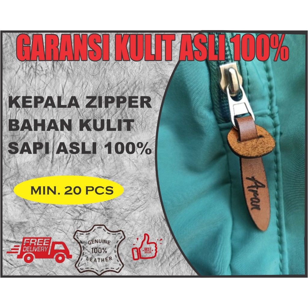 Zipper Puller Kulit Asli 100% | Tarikan Resleting Custom Nama | Minimal 30 PCS