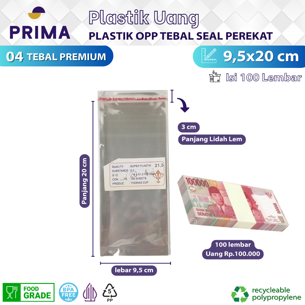 Plastik Opp Tebal Bening 9,5x20 cm dengan Seal Perekat isi 100 pcs untuk Kemasan Uang Kertas 100 Rib