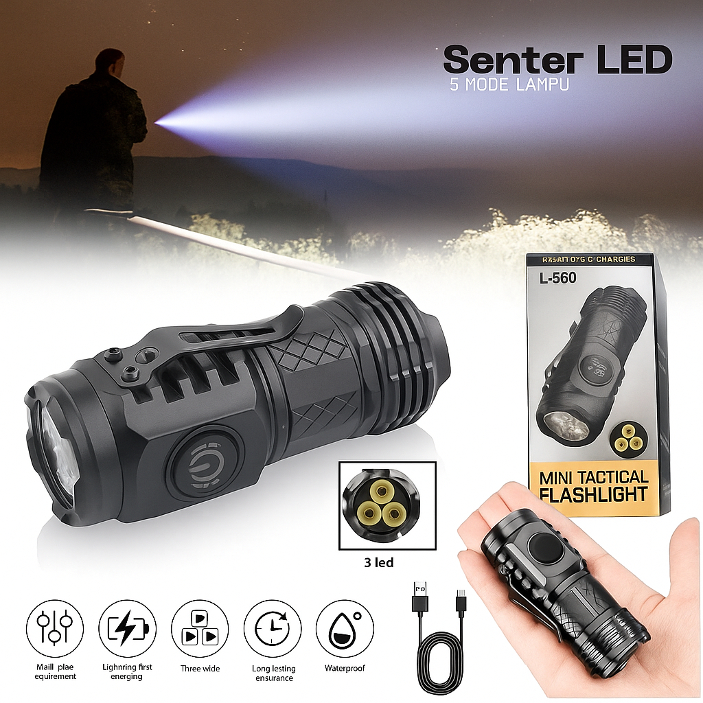 Senter LED Super Terang Senter LED Super Terang Jarak Jauh Center Mini Rechargeable | 3 Jenis Sumber