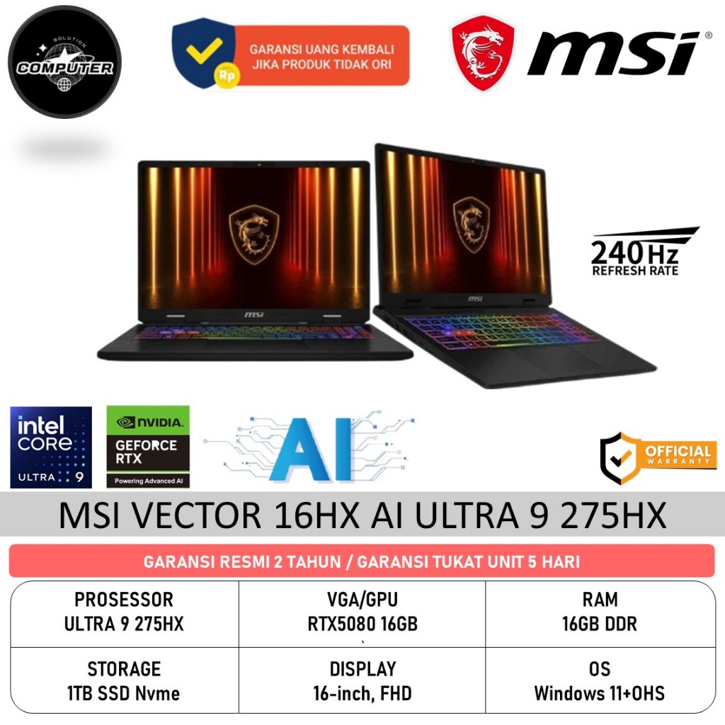 MSI VECTOR 16HX AI ULTRA 9 275HX RTX5080 16GB/ 16GB 1TB W11+OHS
