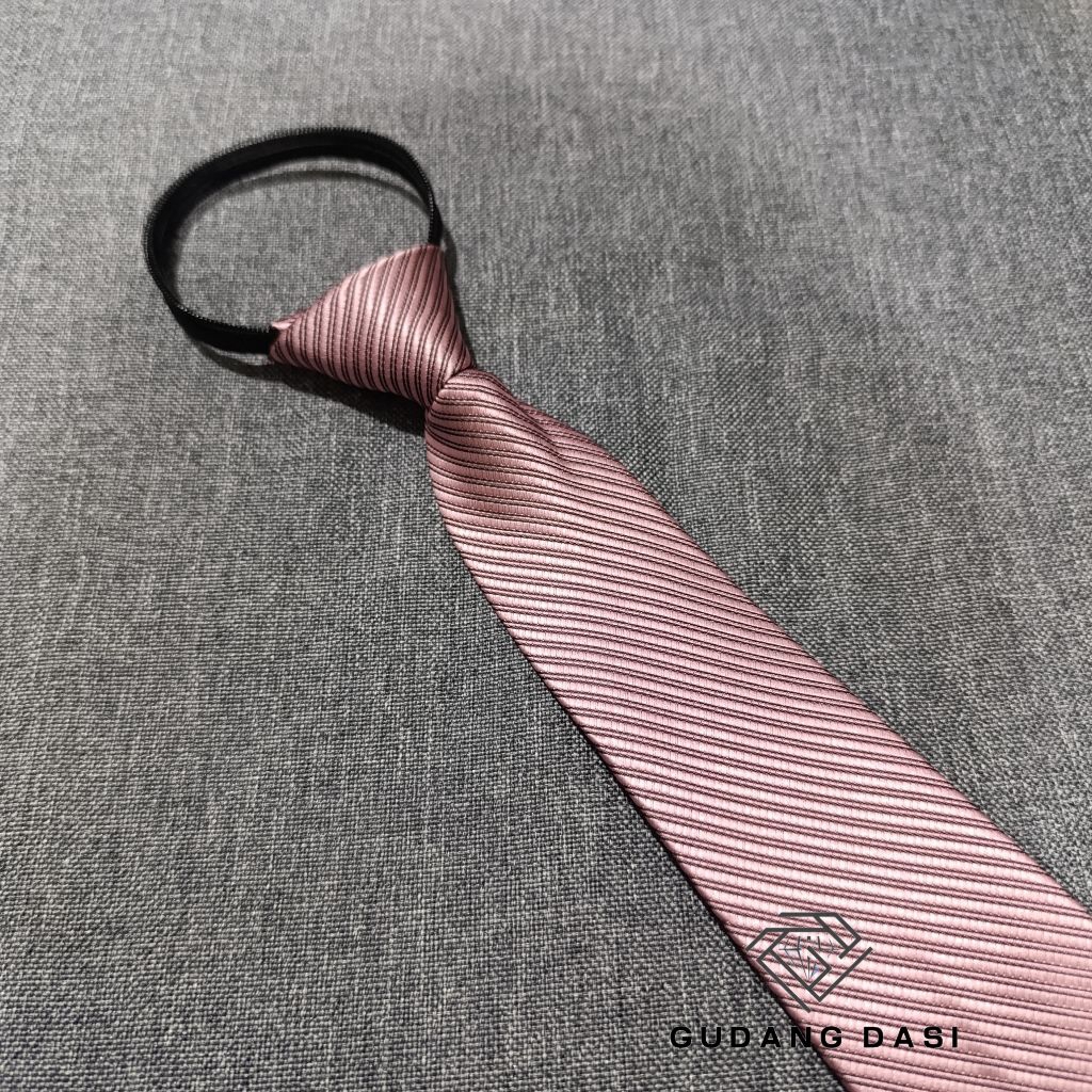 GUDANG DASI Dasi instan pria resleting dasi siap pakai dasi motif garis ukuran medium 3 inch Rose go