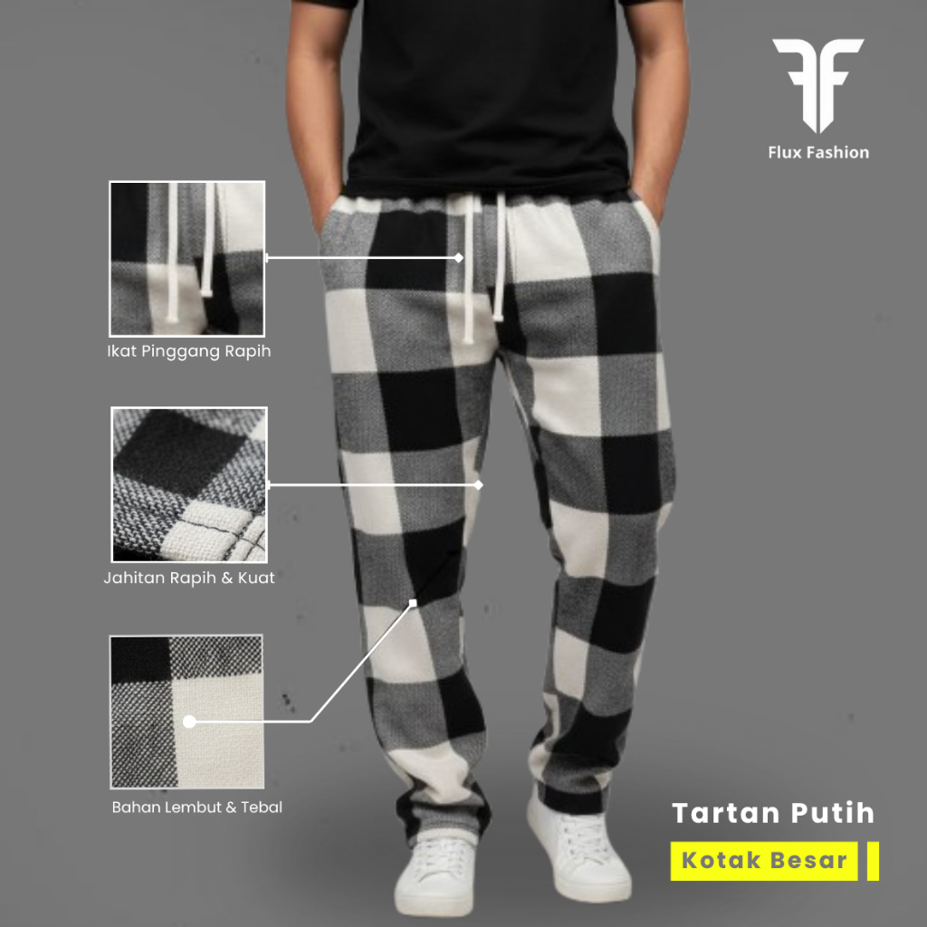 Tartan Celana Panjang UNISEX Motif Kotak Kotak Putih Hitam / Celana Tartan Korea style /Pria Wanita