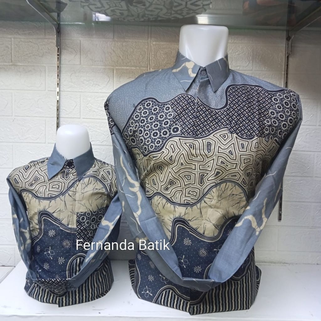 Solo, ABU Kemeja Batik Couple Ayah Dan Anak, Bahan Katun Solo Premium, Pakai Furing Warna Abu