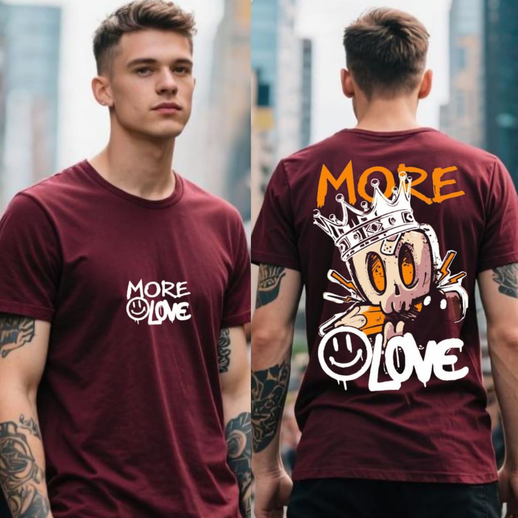 Baju Kaos Pria Keren Motif MORE LOVE Warna Merah Maroon Sablon Punggung Trendy Baju Kaos Pria Baju K