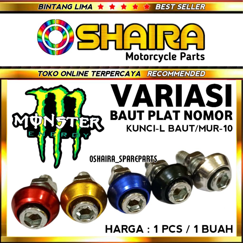 BAUT PLAT MOTOR / BAUT PLAT NOMOR MOTOR VARIASI / KUNCI-L MUR/BAUT-10 / MONSTER / HARGA 1 PCS BAUT P