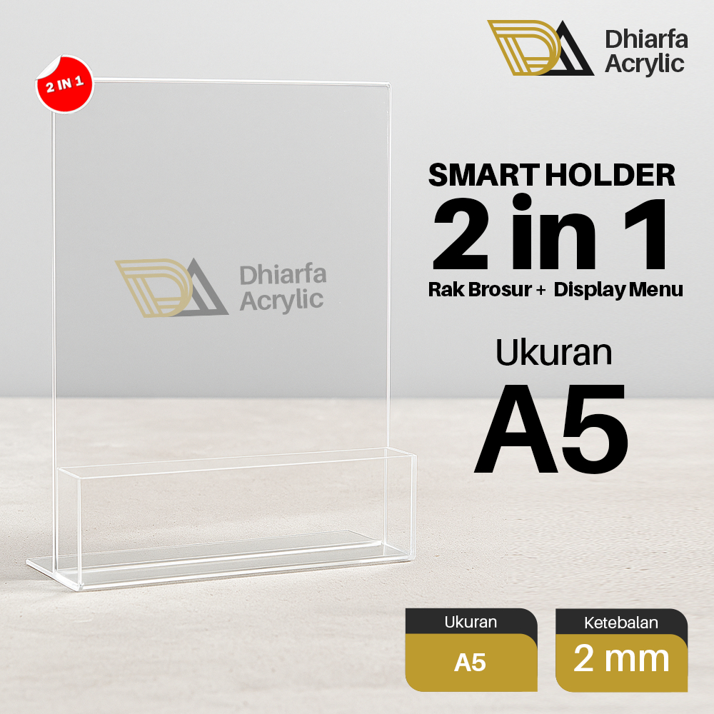 Smart Holder Akrilik 2-in-1 | Rak Brosur + Display Holder Meja | Tempat Brosur / Menu