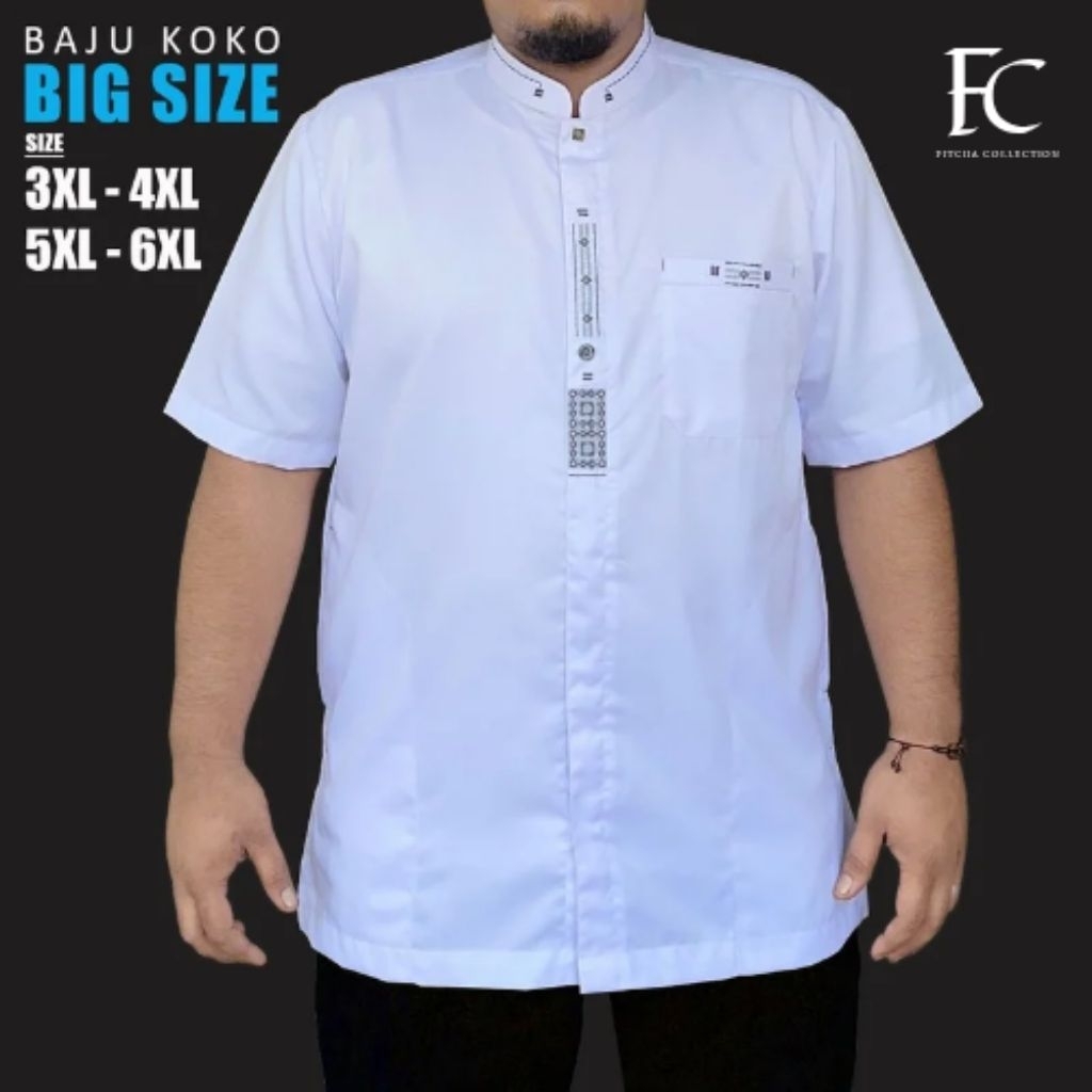Baju Koko Jumbo Putih Lengan Pendek Ukuran 2XL 3XL 4XL 5XL 6XL Big Size Muslim Pria Dewasa Bordir Pr