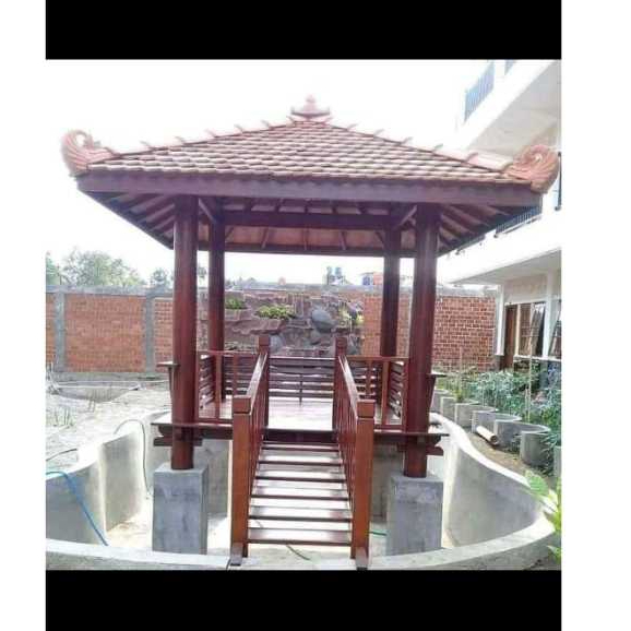Gazebo Kolam Atap Genteng kayu ulin Desain Tiang Bulat | Model Terbaru Produk Original Harga Ok
