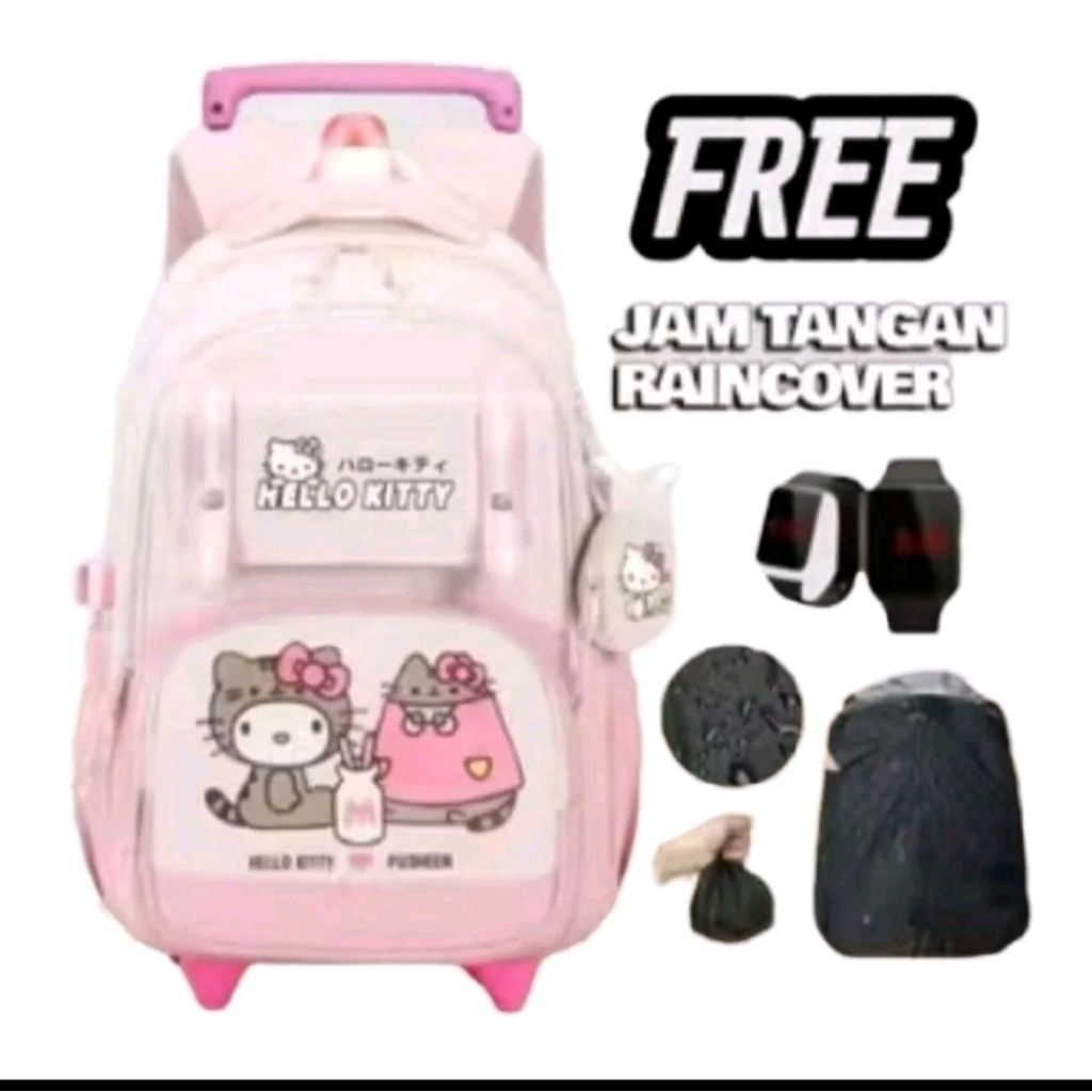 Tas Ransel Troli 3in1 Hello Kitty Ransel Anak Sekolah Perempuan SD SMP SMA Free Jam LED+Raincover