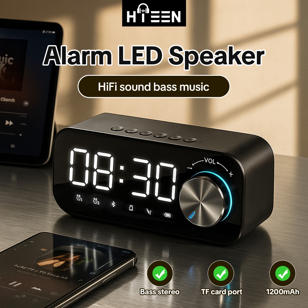 [COD] Hieen Speaker Bluetooth Portable Bass Audio Jam Alarm Clock LED Display Spiker Bluetooth Musik