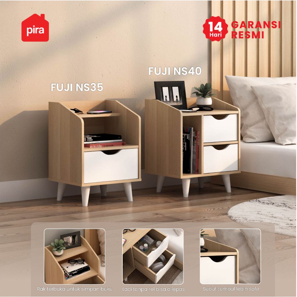 Meja Nakas Minimalis dengan Laci dan Rak Terbuka, Model Fuji NS35, Warna Pro Oak White, Ukuran 34x30