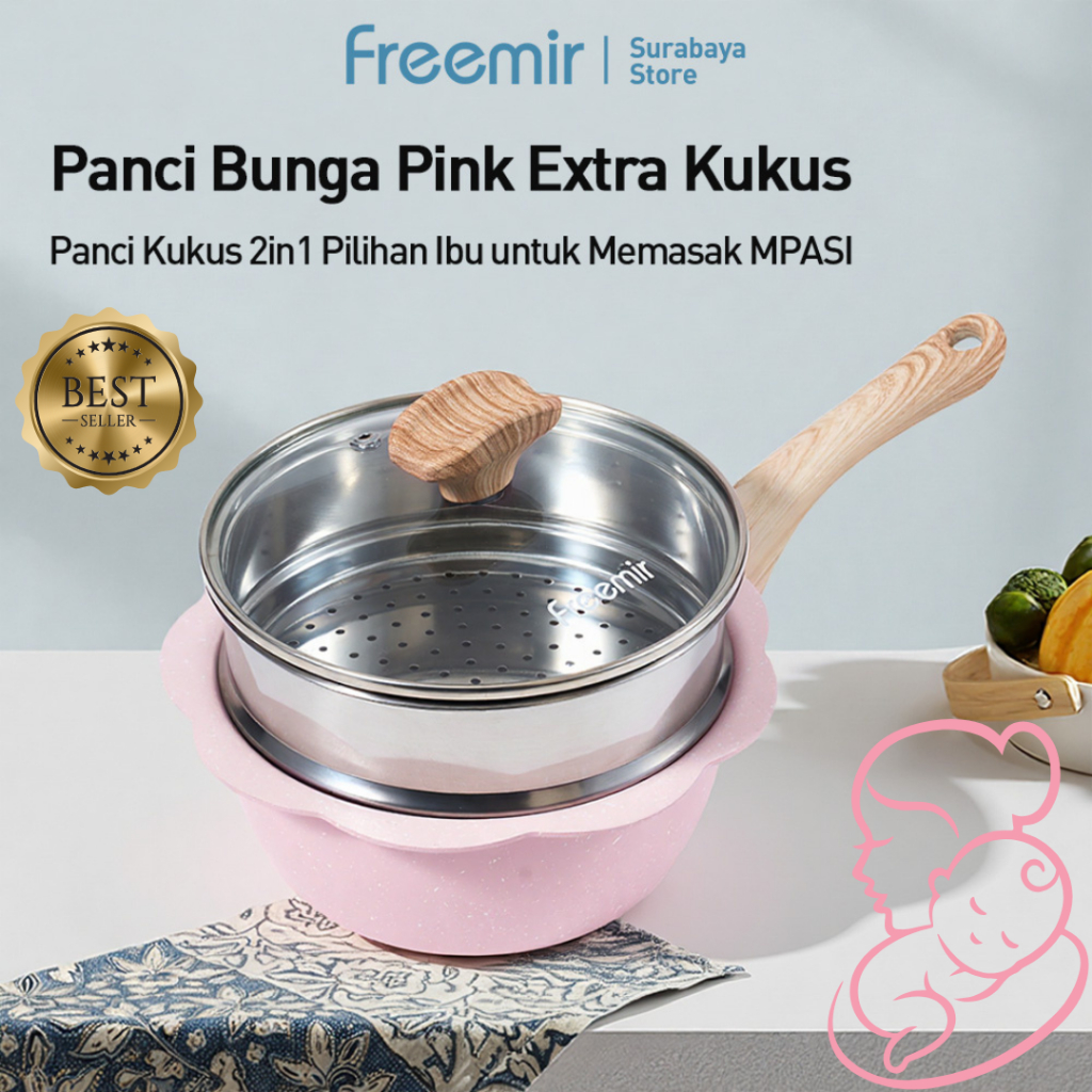 [PO 20 DES] freemir Panci Teflon Bunga MPASI 16cm Pink Beige Estetik BPA PFOA FREE + Tutup Kaca