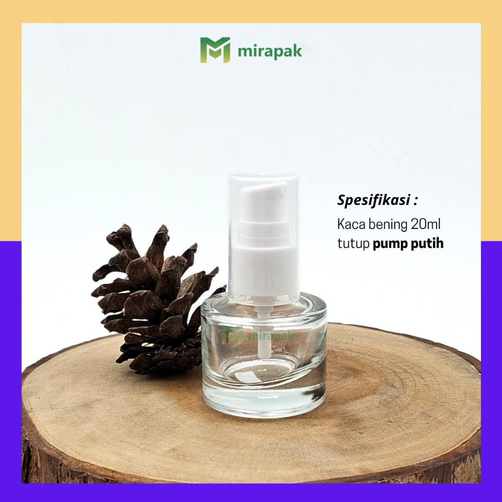 BOTOL PUMP LOTION 20ML BENING BAHU BULAT KACA TEBAL - TUTUP PUMP PUTIH FULL COVER BENING - SERUM KOS