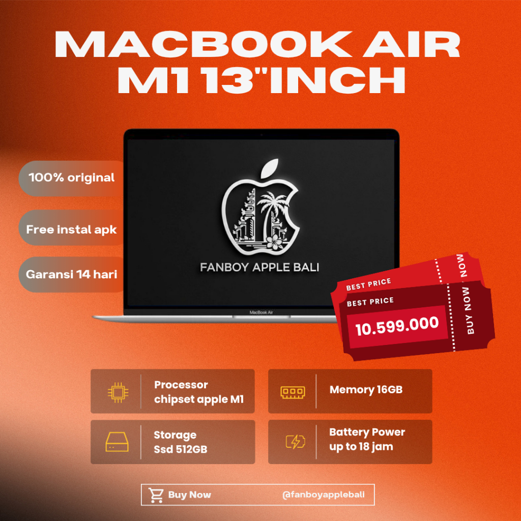 MacBook Air M1 13"inch | Ram 16GB | Ssd 512GB Second Original