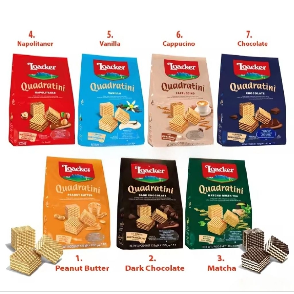 Loacker Quadratini Wafer Biscuit Napolitaner Vanilla Dark Chocolate Matcha 125g