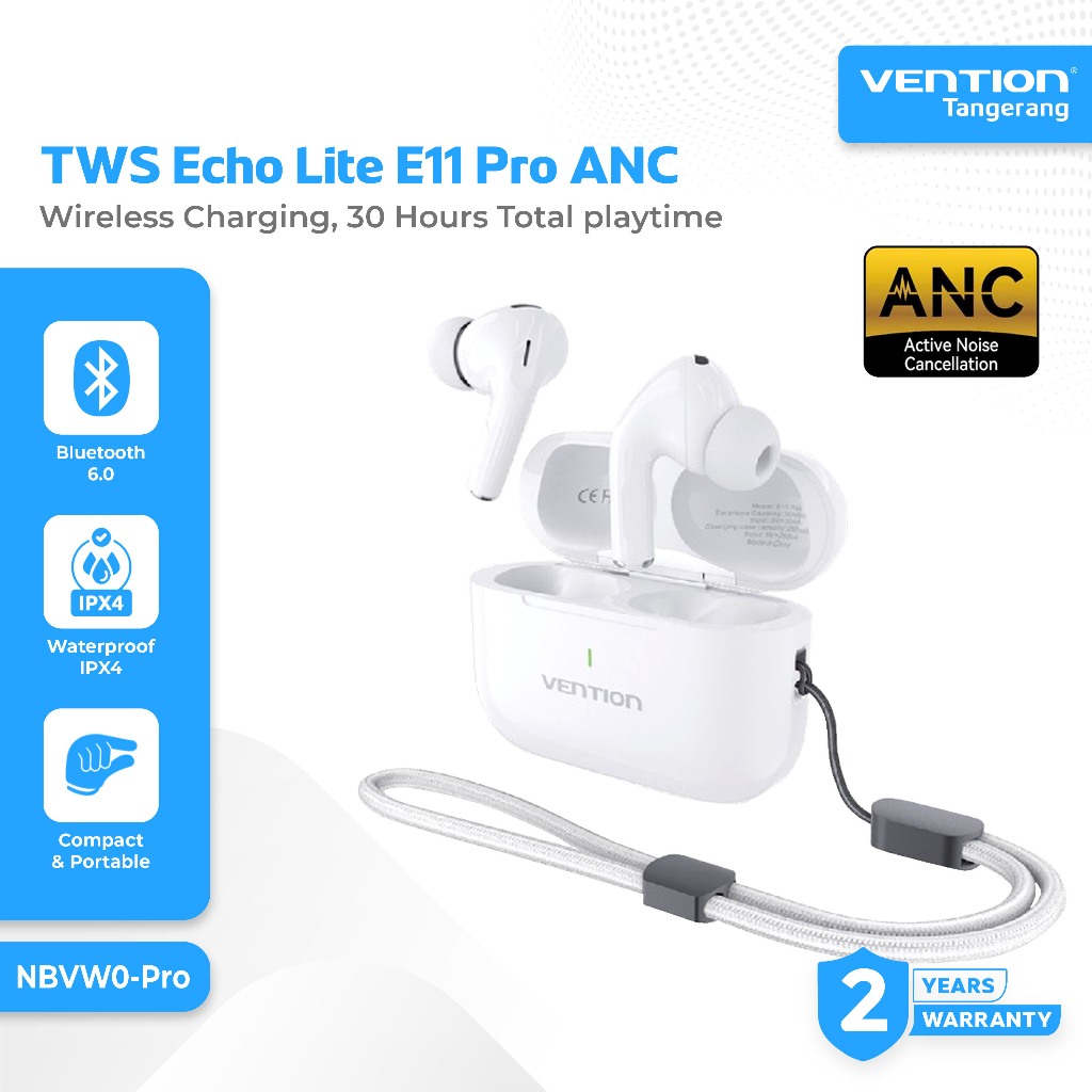 Vention TWS Echo Lite E11 Pro True Wireless Bluetooth 6.0 ANC IPX 4 Earphones Earbuds 30 Hours Total