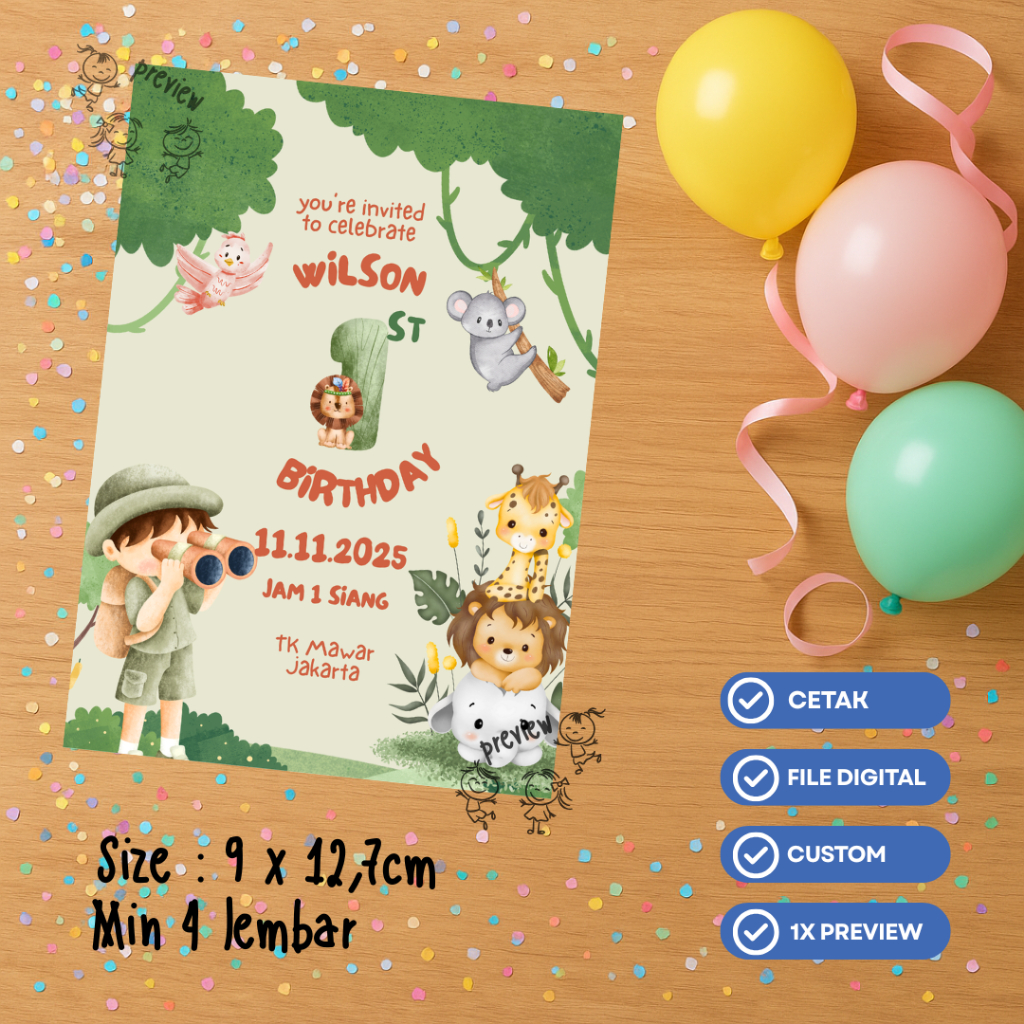 Undangan Ulang Tahun Anak Karakter Animal Jungle | Cetak & Digital | Custom Nama & Detail Acara