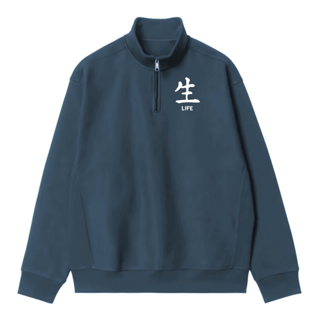 Deep Blue Denim Halfzip Life Japan Basic Distro / Jacket Hoodie High Neck Pull Over