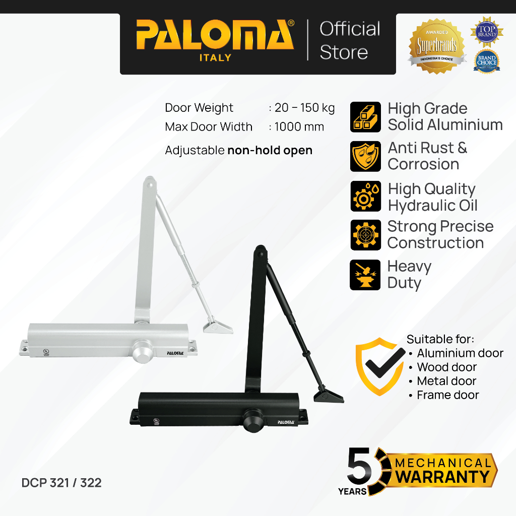 PALOMA Door Closer Penutup Penahan Pintu Otomatis Non Hold Open Hydraulic Hidrolik Aluminium Silver 