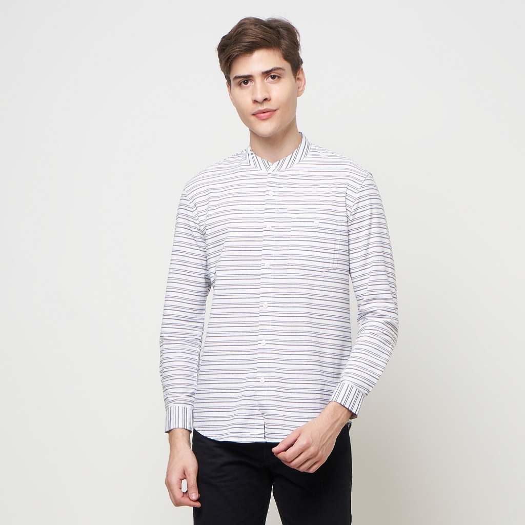 Vanfive Kemeja Koko Pria Salur Stripe Lengan Panjang MAESA Putih