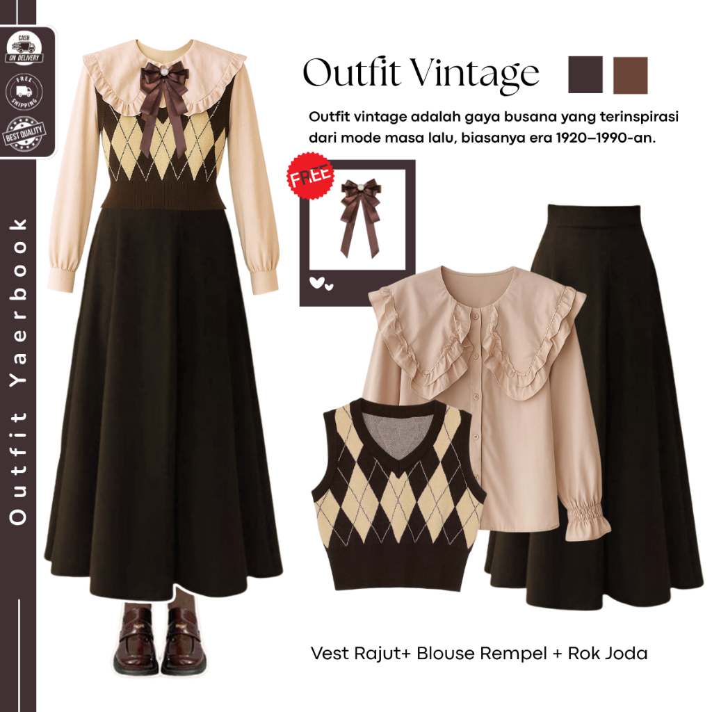 BEST PRODUCT Outfit Vintage Yearbook ( Vest Diamond + Blouse + Rok Polos ) OOTD Yearbook - FO23