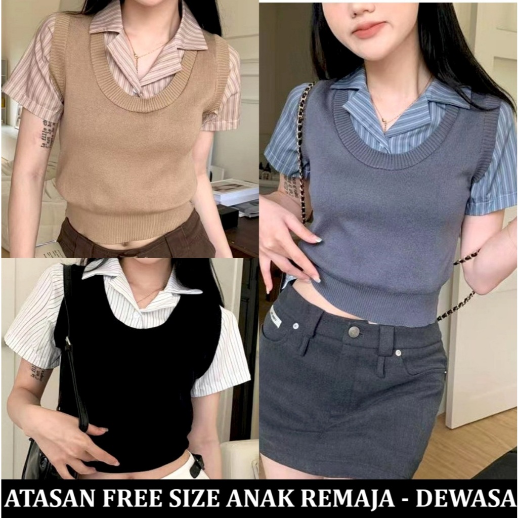 Atasan Wanita Crop Top original import cotton mix vest knit kerah Kaos polo Kemeja Rajut lengan pend