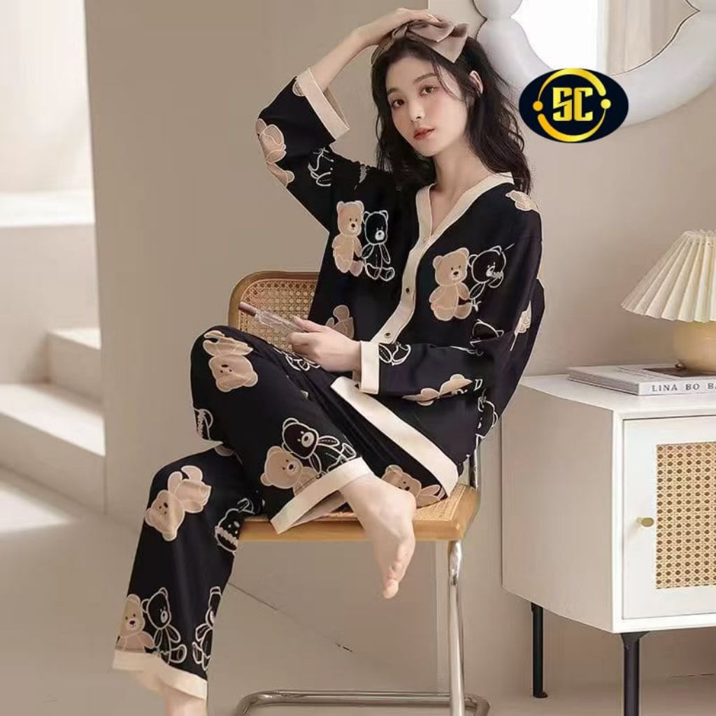 SETELAN PIYAMA CP IMPORT MOTIF BRANDED SILK DIAMOND SATIN/PIYAMA WANITA IMPORT PREMIUM