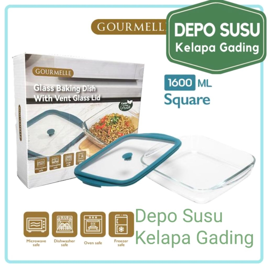 Gourmelle Glass Baking Dish With Vent Glass Lid | Oval Square Rectangle 1600ml 800ml 2000ml | Wadah 