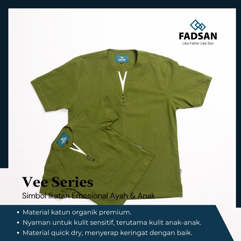 Fadsan Baju Koko Couple Ayah dan Anak Laki Laki Lengan Pendek Warna Army Vee Series