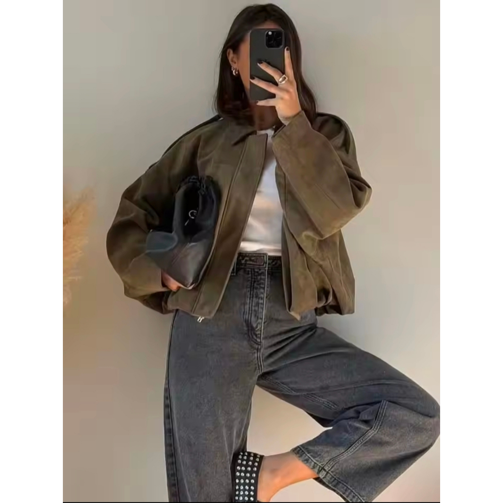 Loose Crop Jacket Vintage Suede Outwears