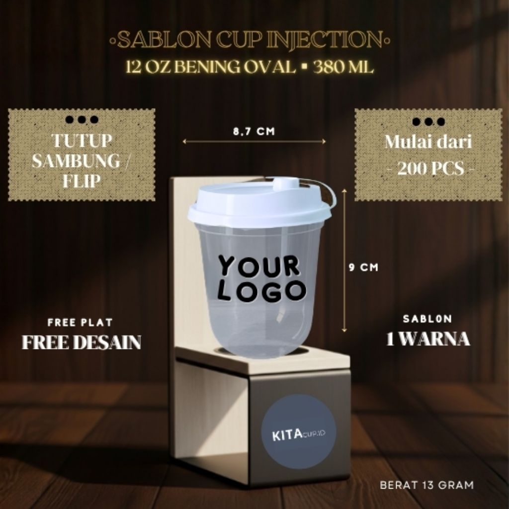Sablon Gelas Cup Plastik Injection 12 Oz Oval Bening + Tutup Sambung / Flip