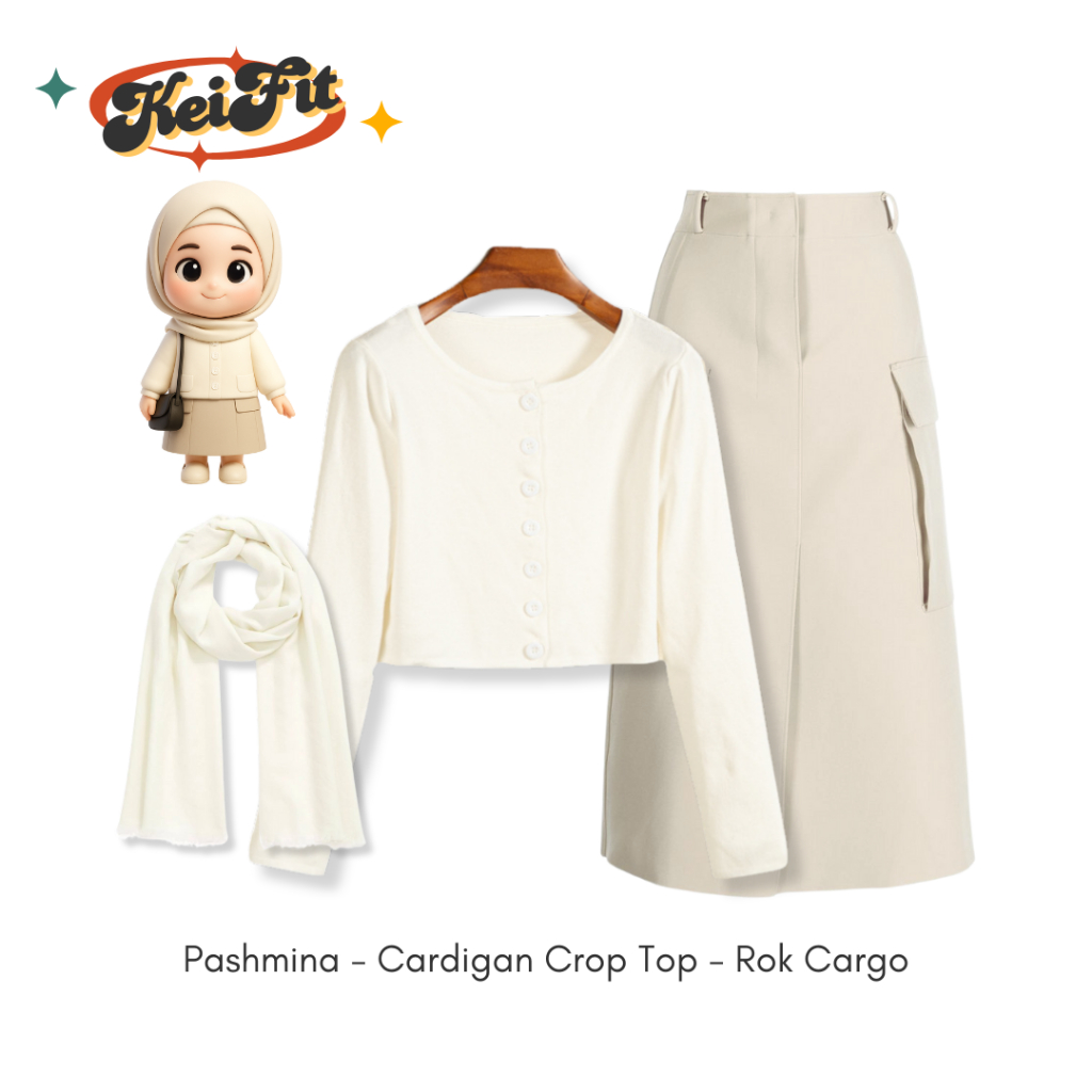 Sonya One Set Korean Style OOTD Hijab Kece ( Cardigan Crop Top |Rok Cargo |Pashmina ) Outfit Style