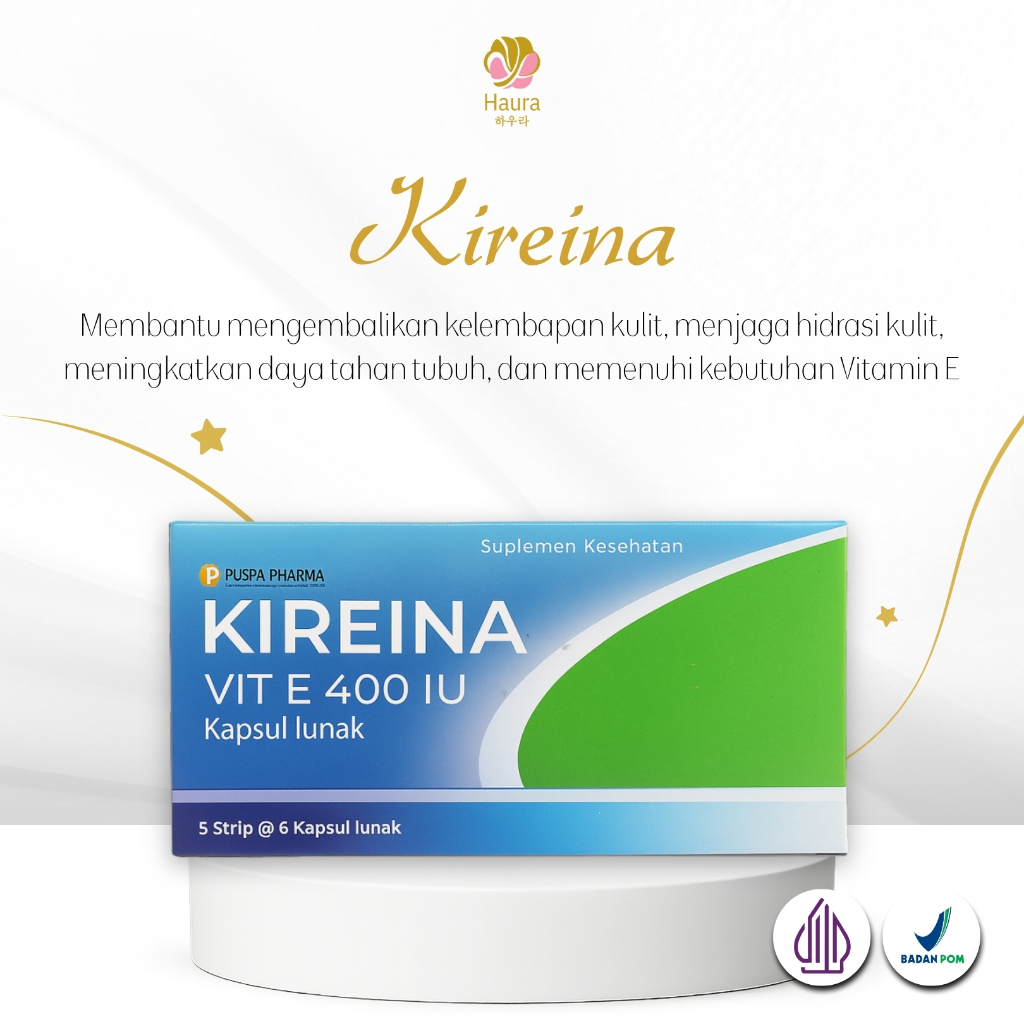 Kireina Box | Vitamin E α-tocopherol 400 IU | Menjaga Kelembapan Kulit | BPOM & Halal | 30 Kapsul