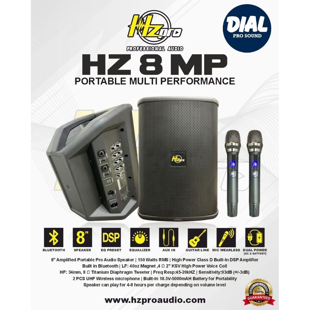 HZ-PRO Speaker Portable HZ-8MP ORIGINAL Bluetooth 8 Inch DSP EQ Preset Dual Power AC & Battery 2 Mic